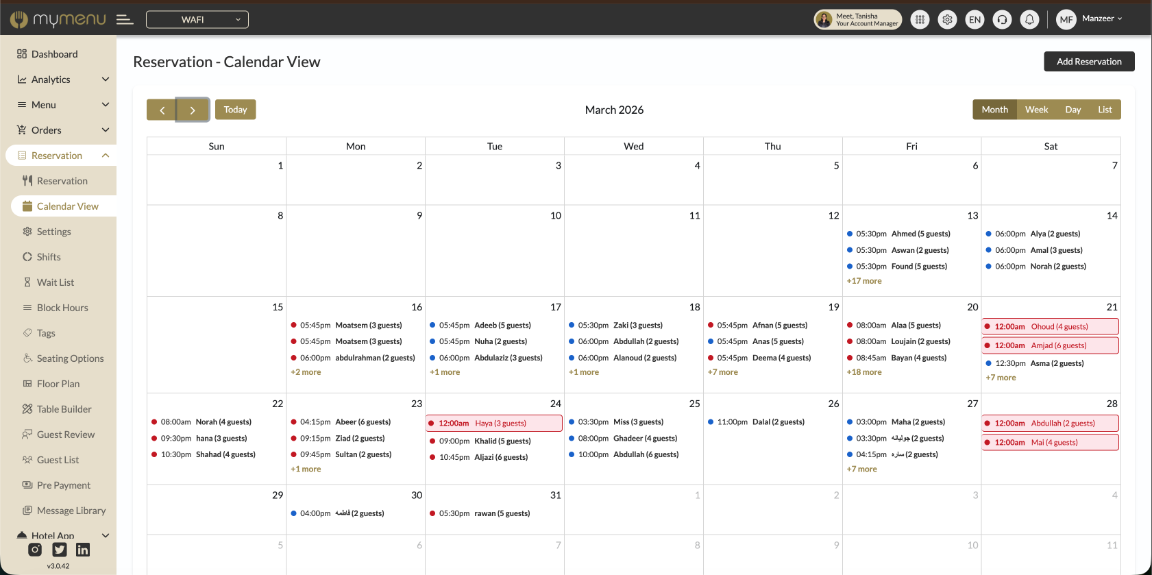 MyResApp restaurant reservations calendar with monthly view of bookings