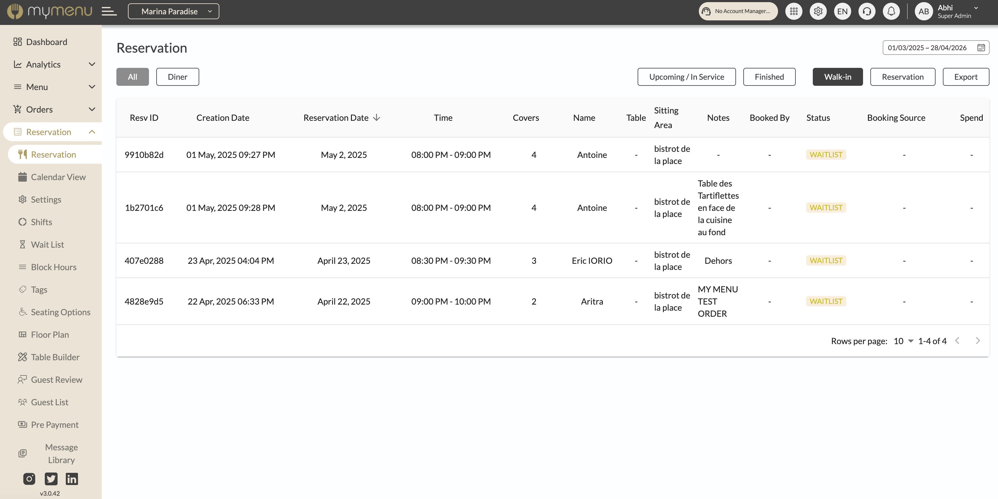 MyResApp all reservations table with filters by status, source and date