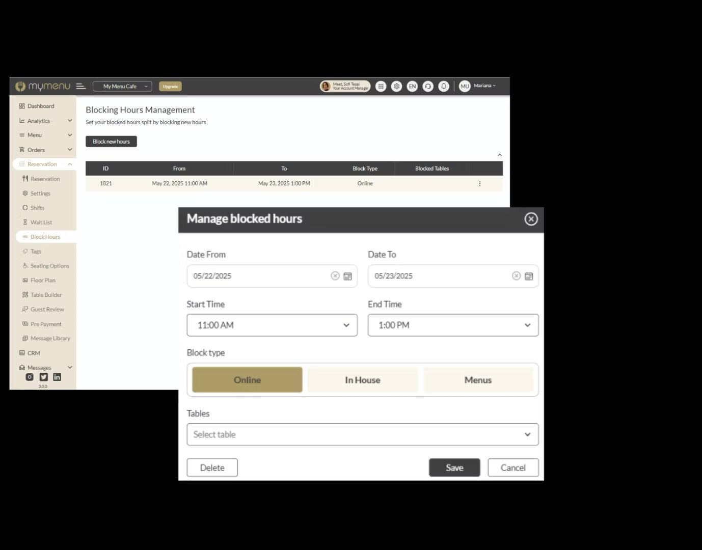 Block Hours management screen for blocking online bookings during private events