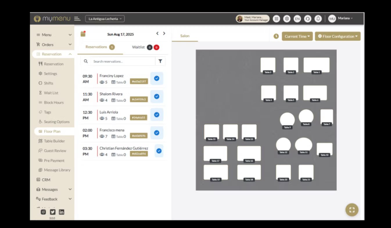 MyResApp restaurant reservations dashboard with live floor plan and bookings list