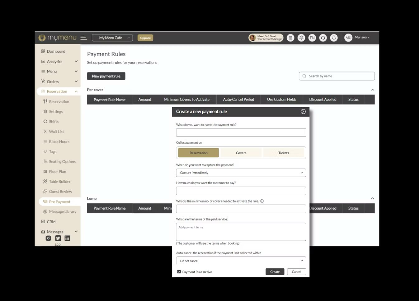 Payment Rules screen for setting reservation deposits in MyResApp