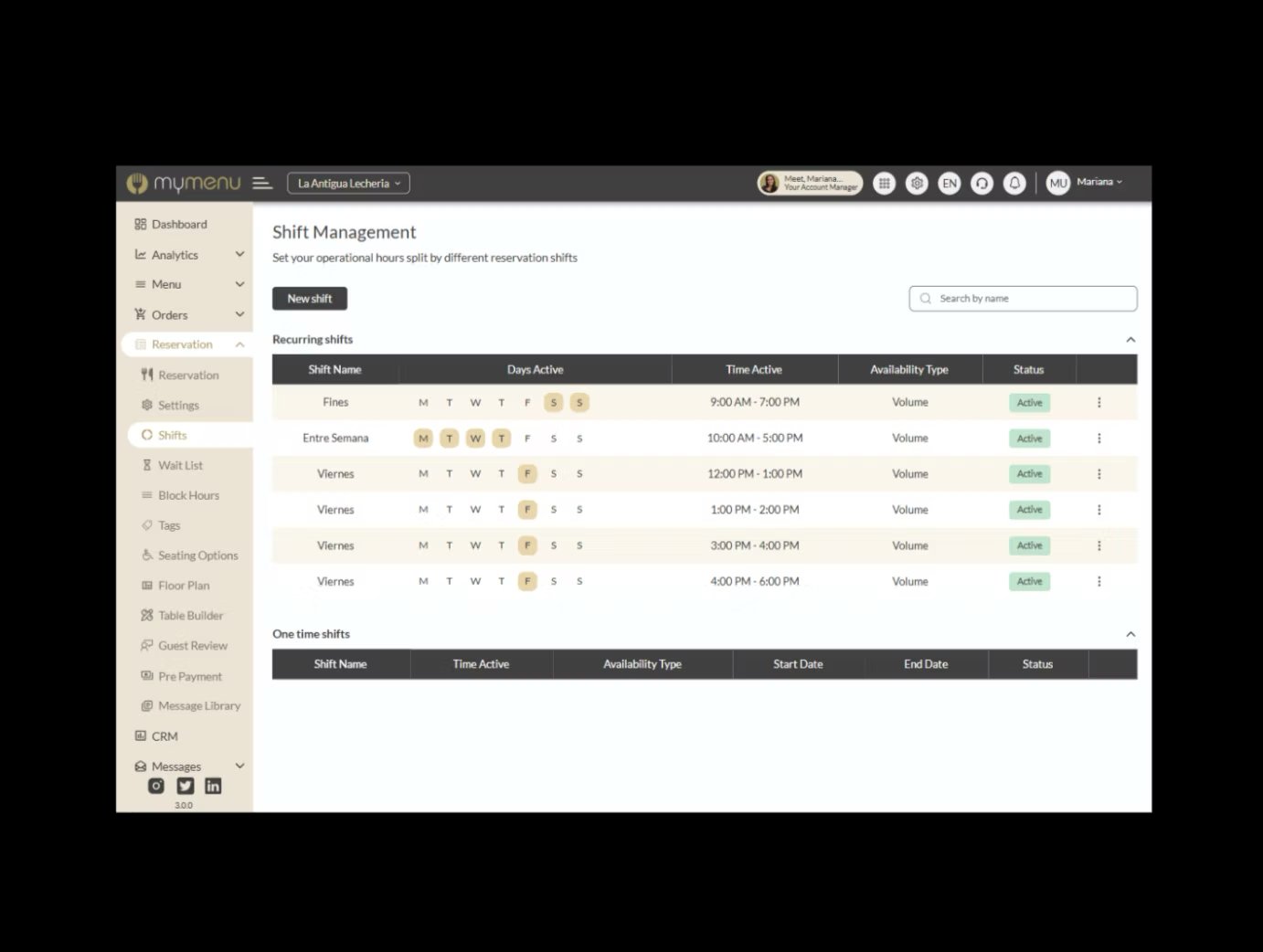 Shift management screen with recurring lunch and dinner shifts in MyResApp